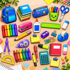Pack of 28 School Supplies Themed Printed MDF Cutouts for Classroom Decoration and Kids Room Decor Backpack Books Pencil Design Ready to Use American Elm