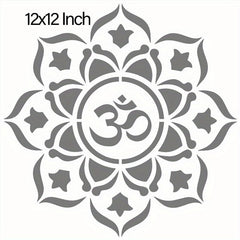 Decorative stencil with Om symbol and floral design, 12x12 inch size.