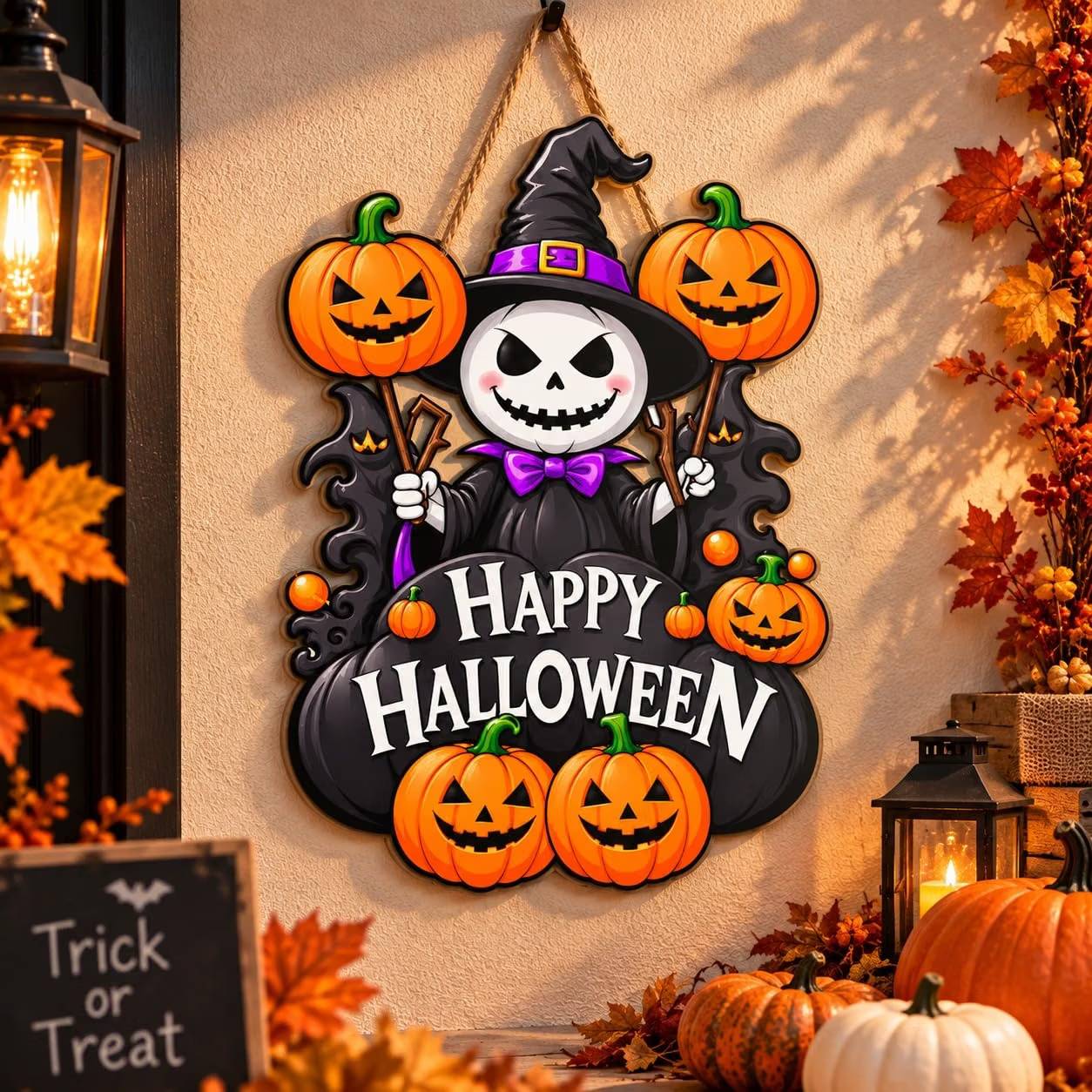 happy halloween skeleton witch pumpkin wall hanging