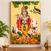 Lord Krishna wall art painting with cow and peacock