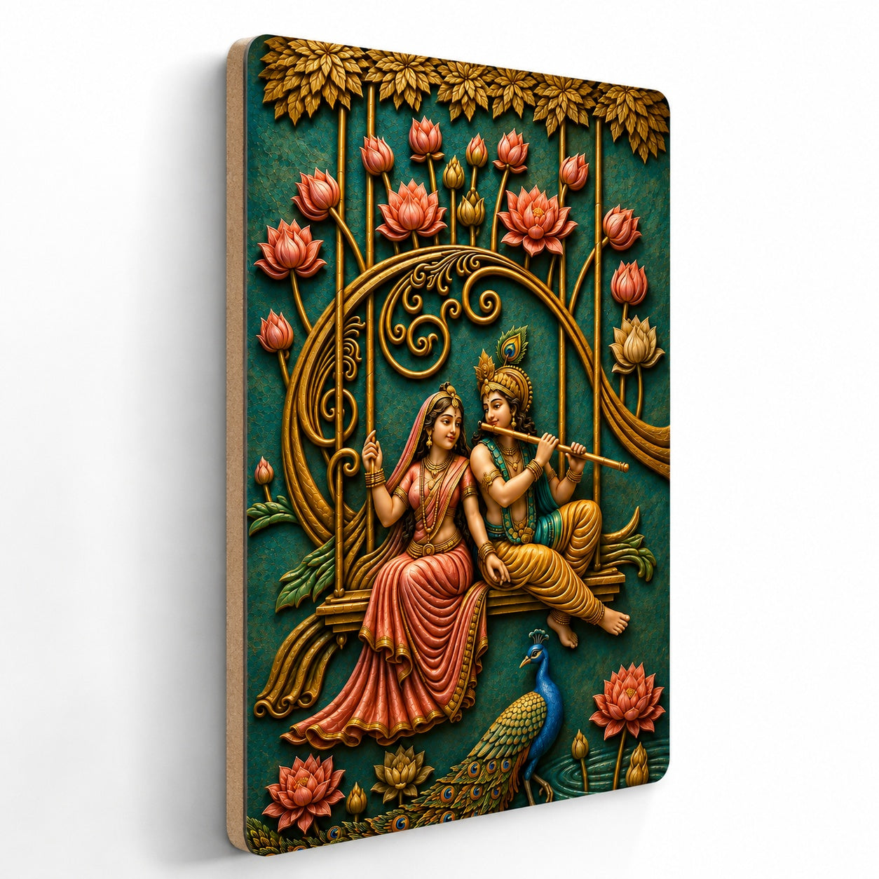 Radha Krishna Wall Art with Peacock and Lotus Design