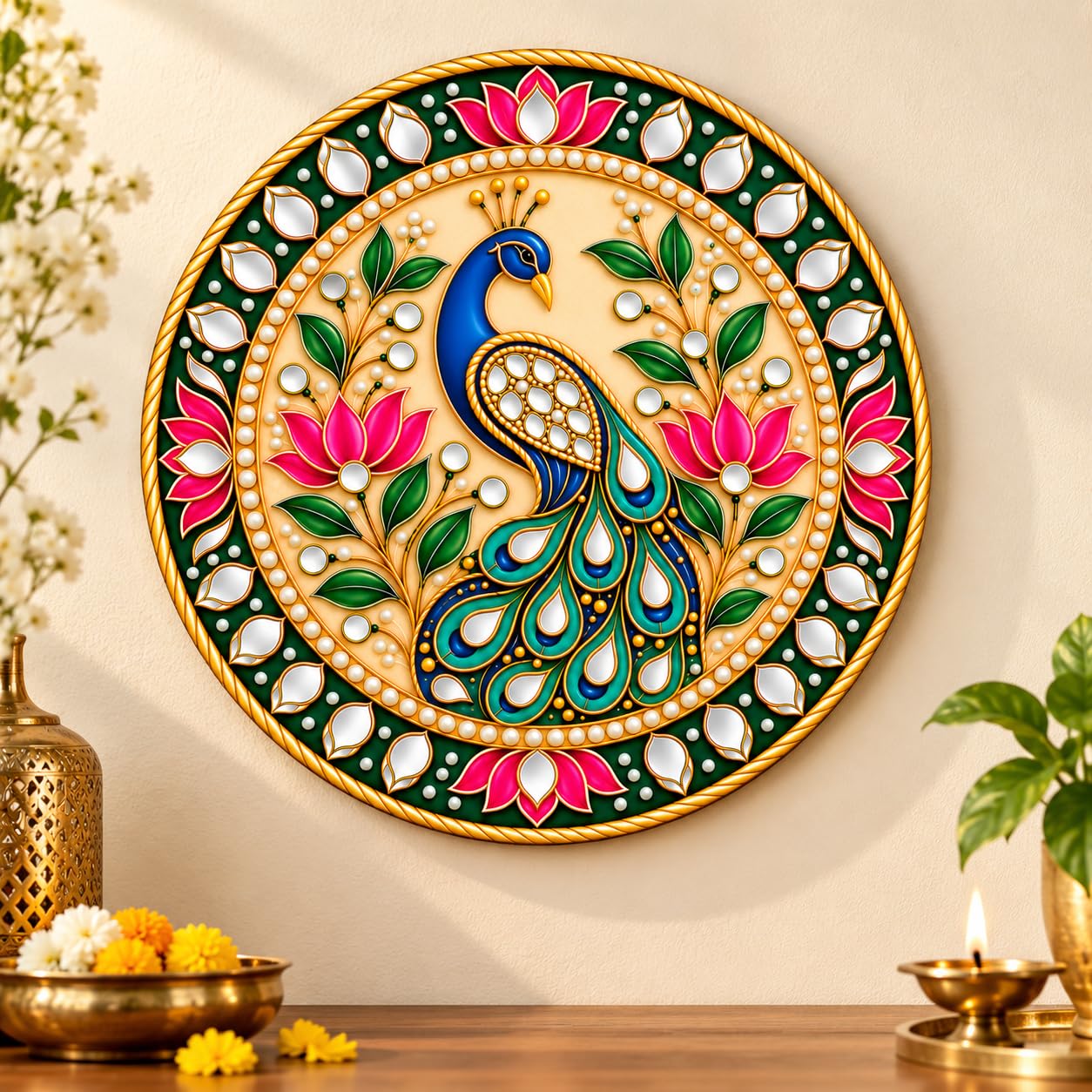 Round MDF Peacock Wall Hanging for Home Decoration