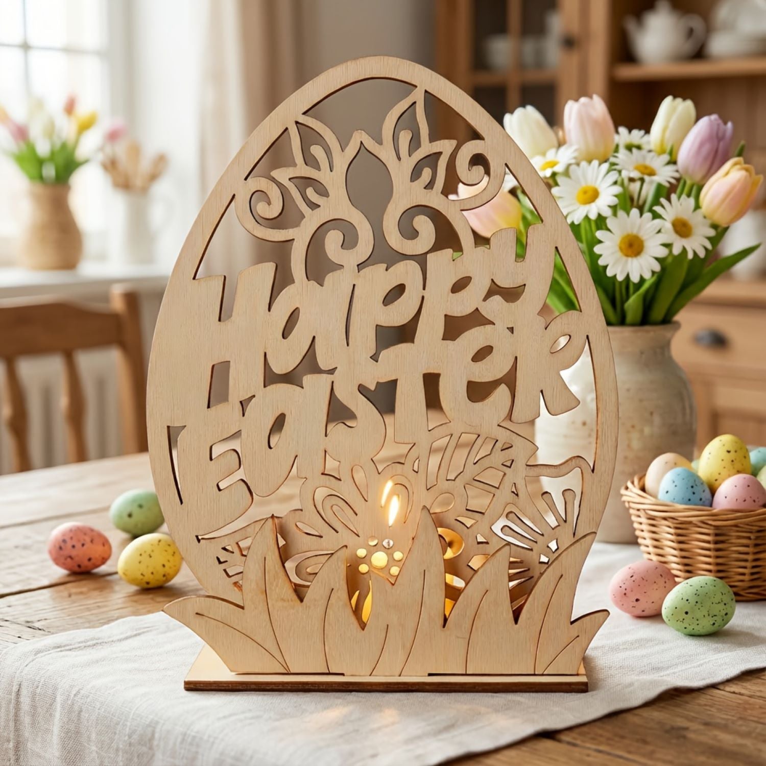 Easter wooden candle holder tabletop decor