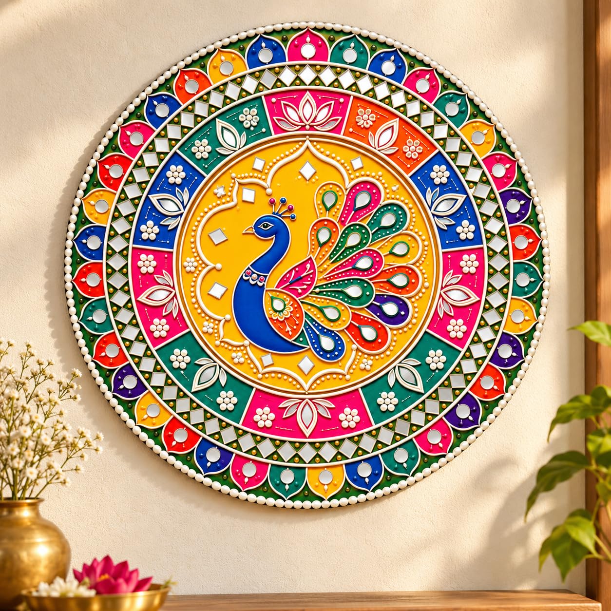peacock mandala wall art round MDF