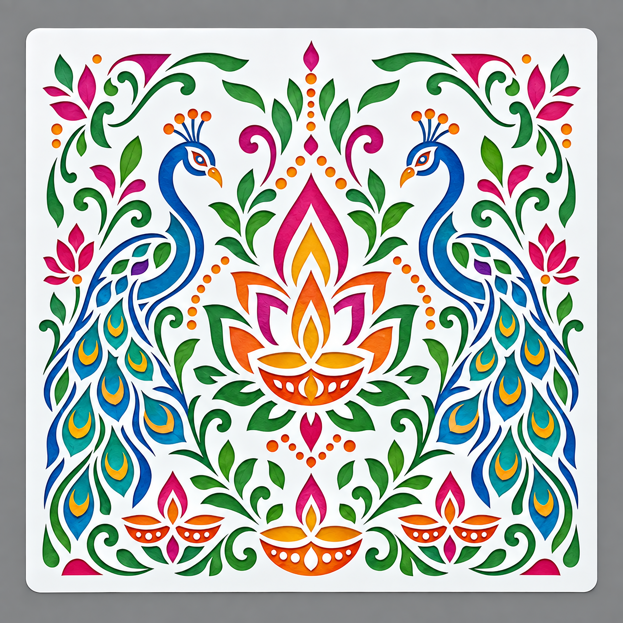 peacock diya rangoli stencil for diwali decoration