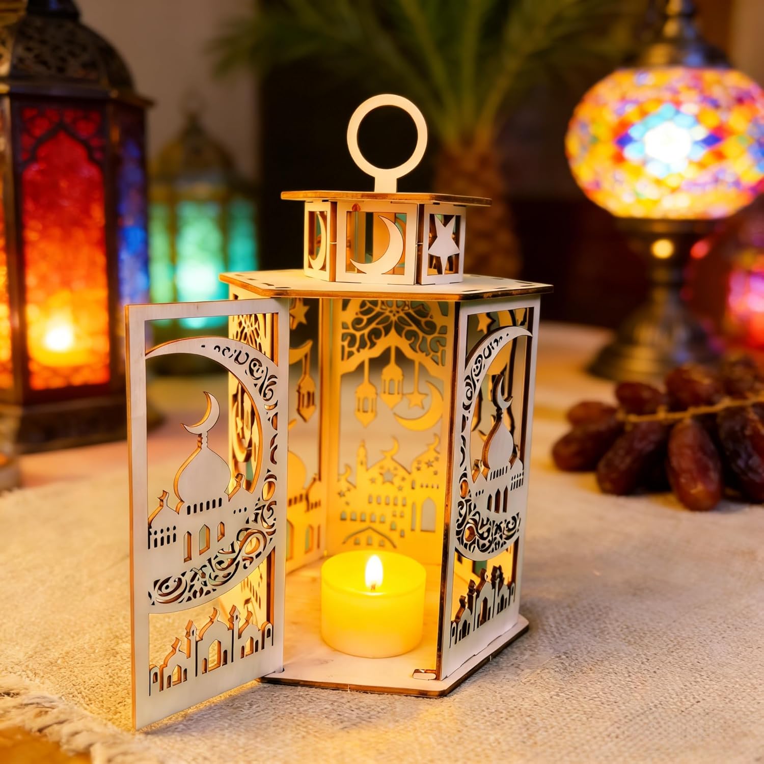 3d islamic wooden lantern with star and crescent