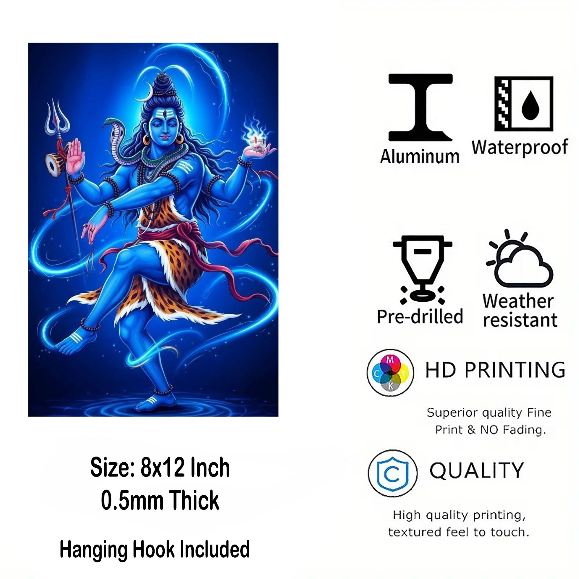 glossy aluminum Lord Shiva wall art ready to hang for living room