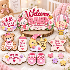 Welcome Baby Photo Shoot Kit Set of 9 Wooden Props Newborn Photography Decor Props Nursery Keepsake Themed Prop Set American Elm