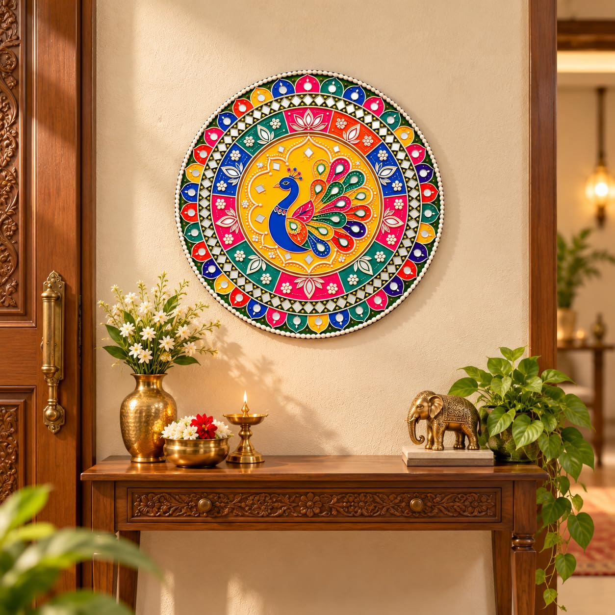 round MDF peacock wall hanging