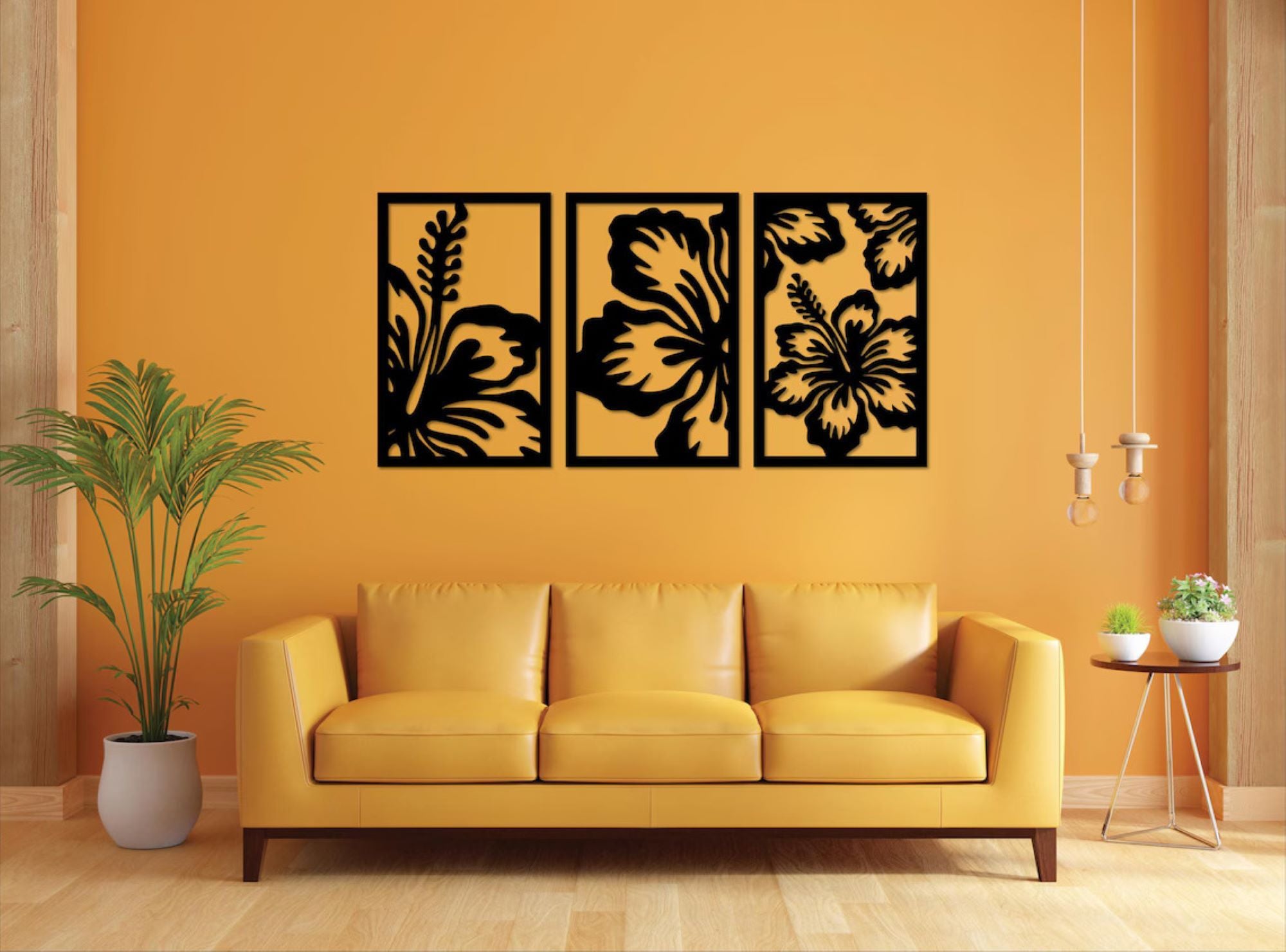 black floral wooden wall art set of 3 panels ready to hang