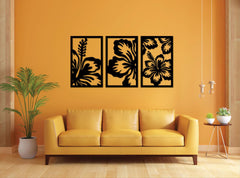 black floral wooden wall art set of 3 panels ready to hang