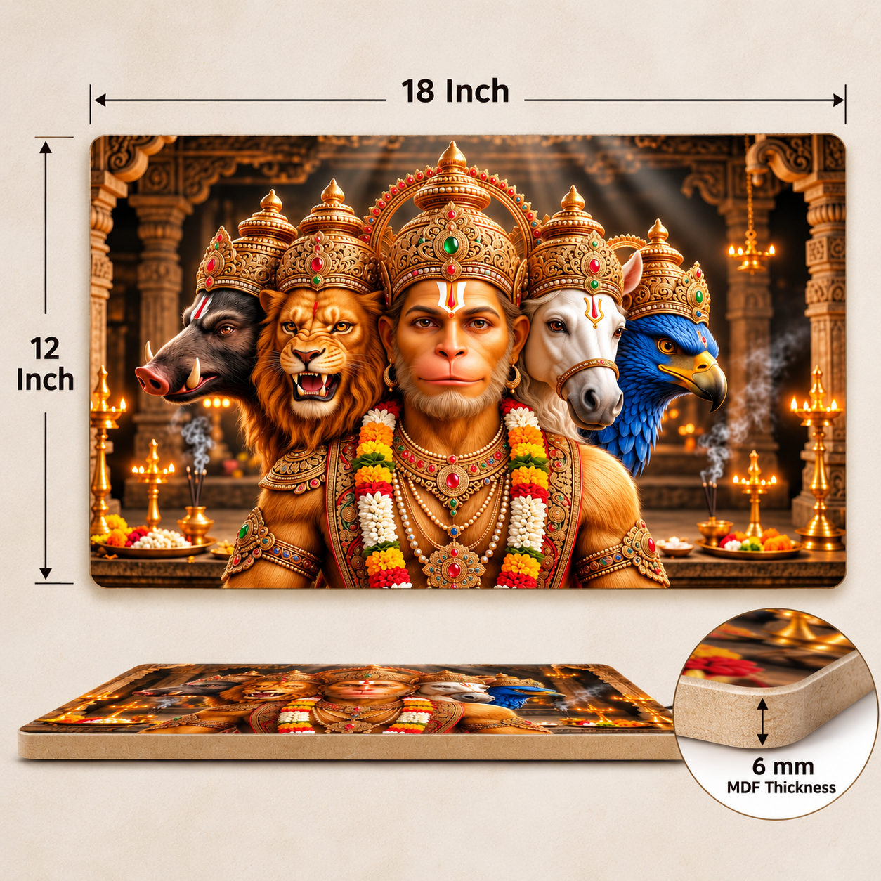 6mm MDF Panchmukhi Hanuman wall art
