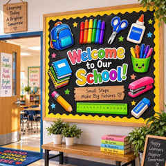 Pack of 28 School Supplies Themed Printed MDF Cutouts for Classroom Decoration and Kids Room Decor Backpack Books Pencil Design Ready to Use American Elm