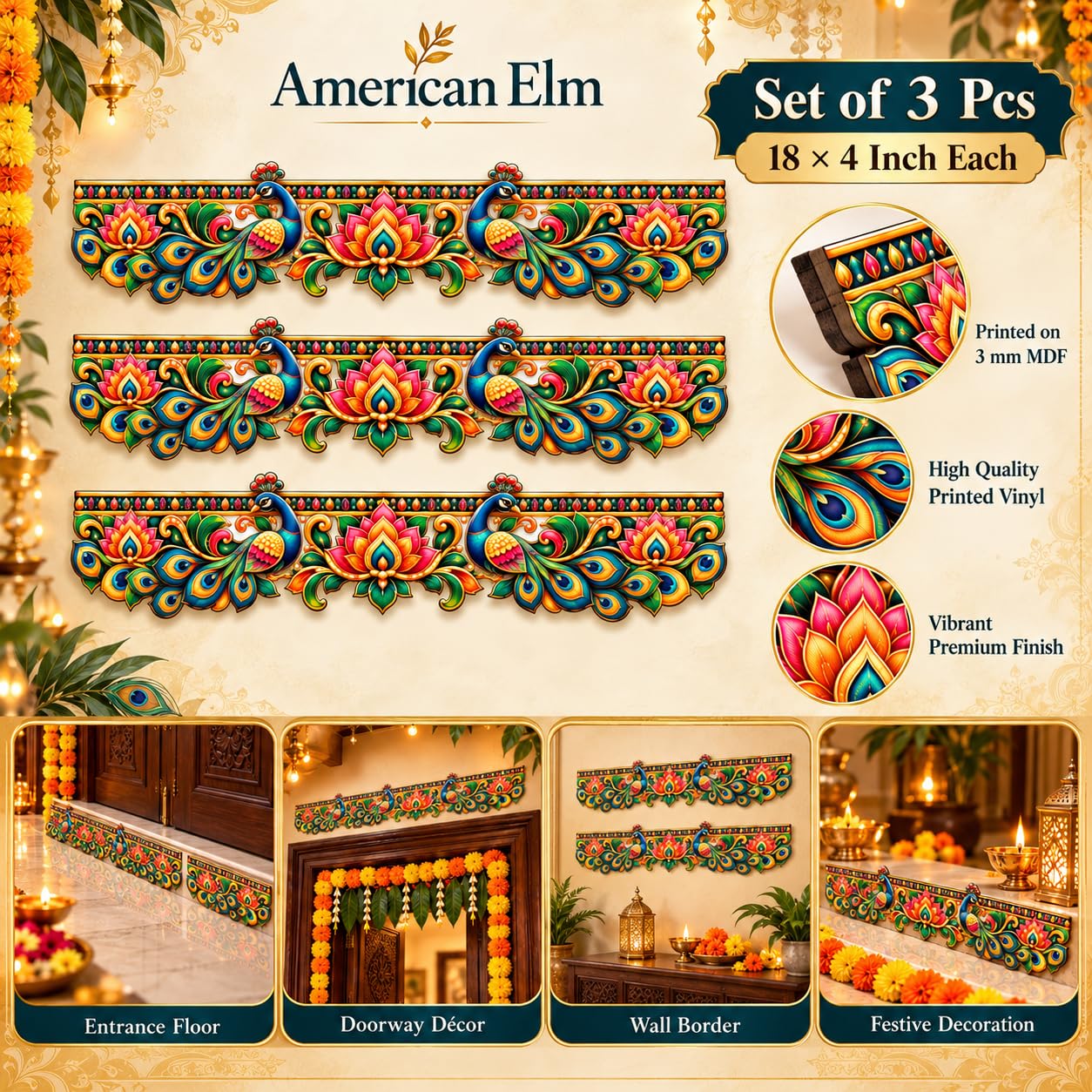 peacock design wooden door frame decor strip