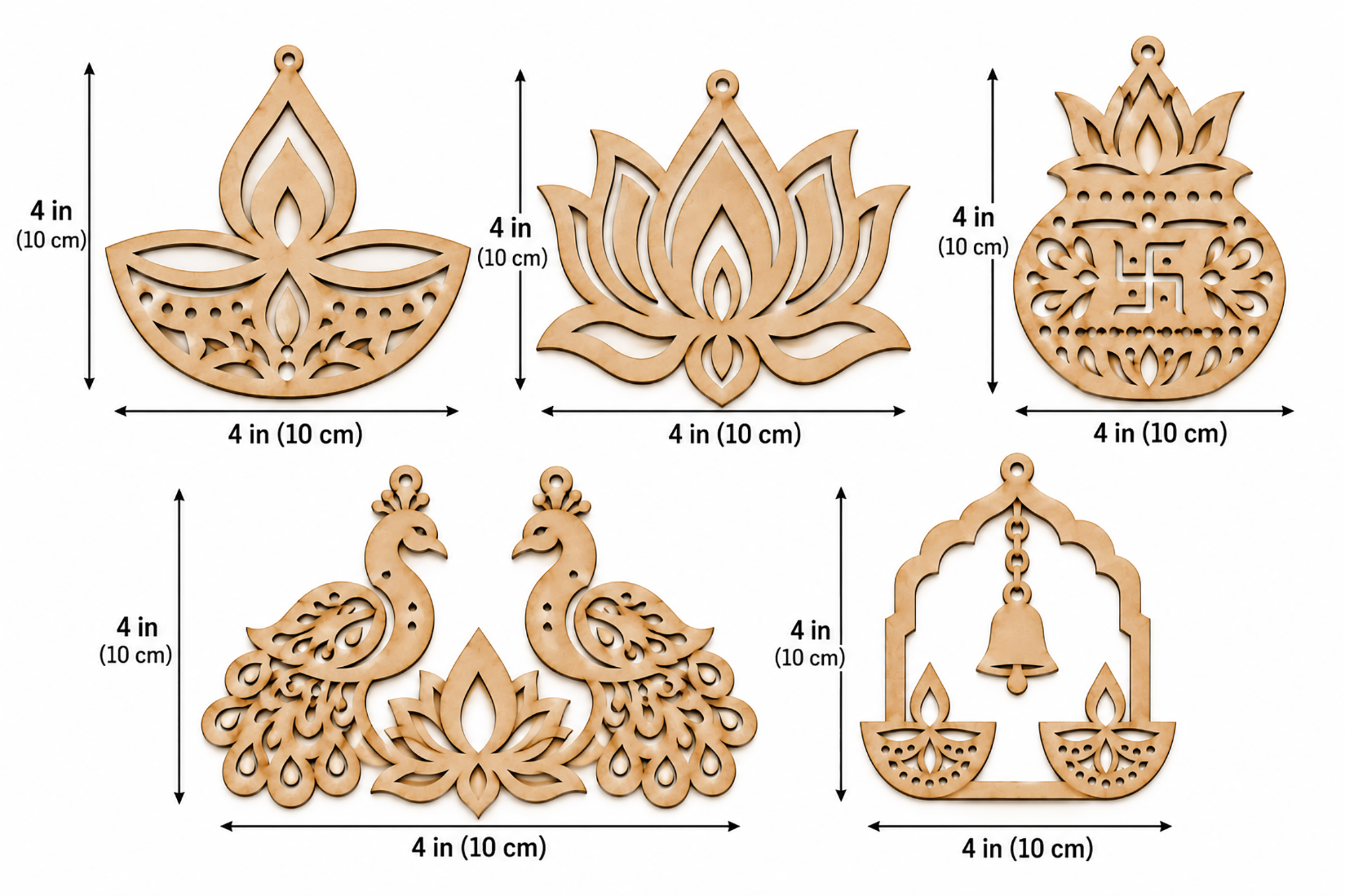 wooden diya lotus kalash craft pieces