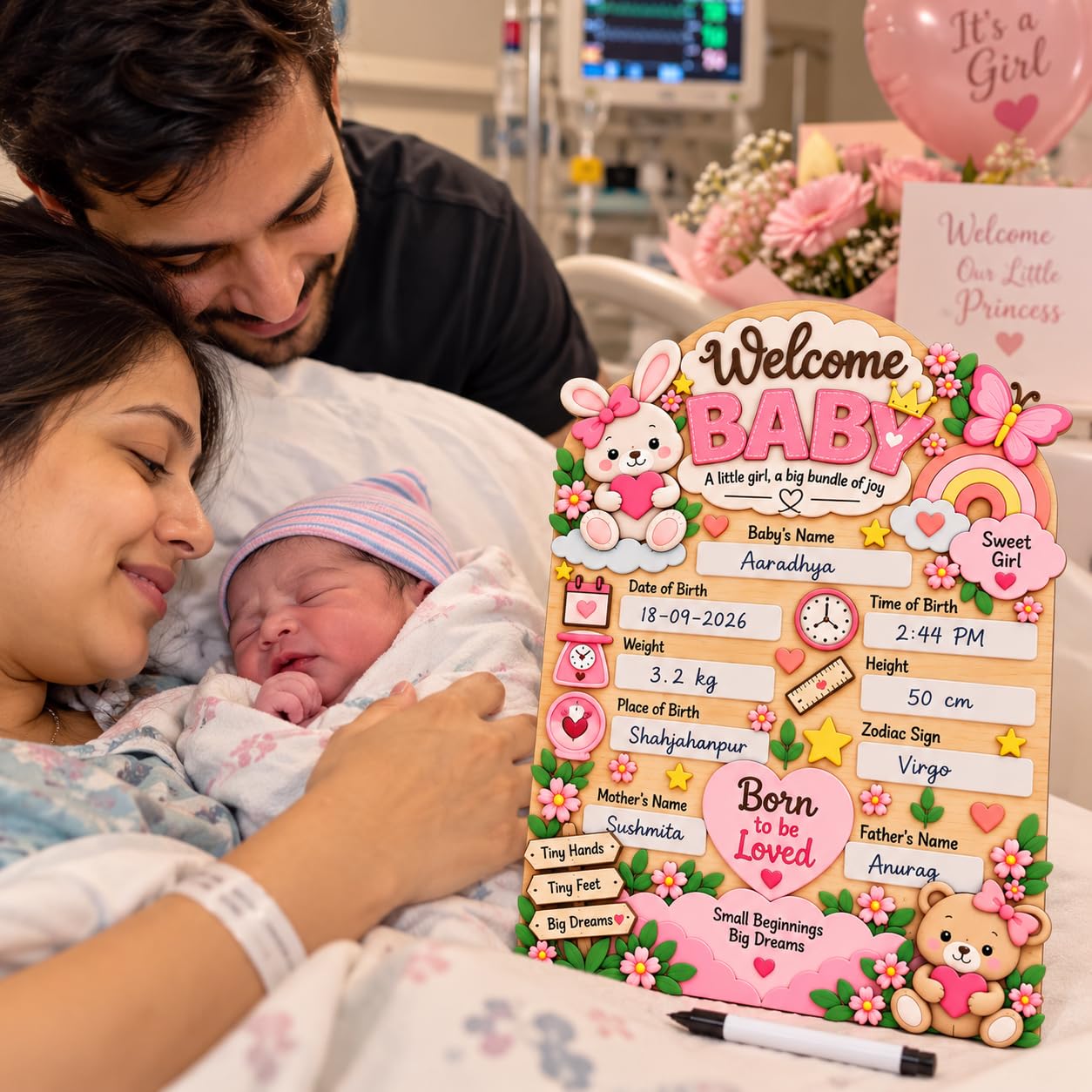 Wooden newborn birth announcement wall hanging