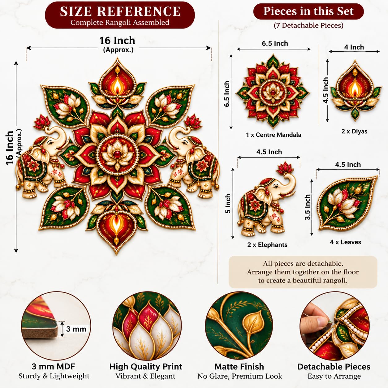7 piece detachable MDF rangoli set