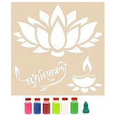 Decorative stencil with a lotus design and colorful paint bottles on a beige background