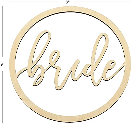 Wooden circle with 'bride' cutout on a white background