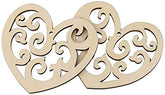 Three wooden heart-shaped decorations with intricate cut-out patterns on a white background