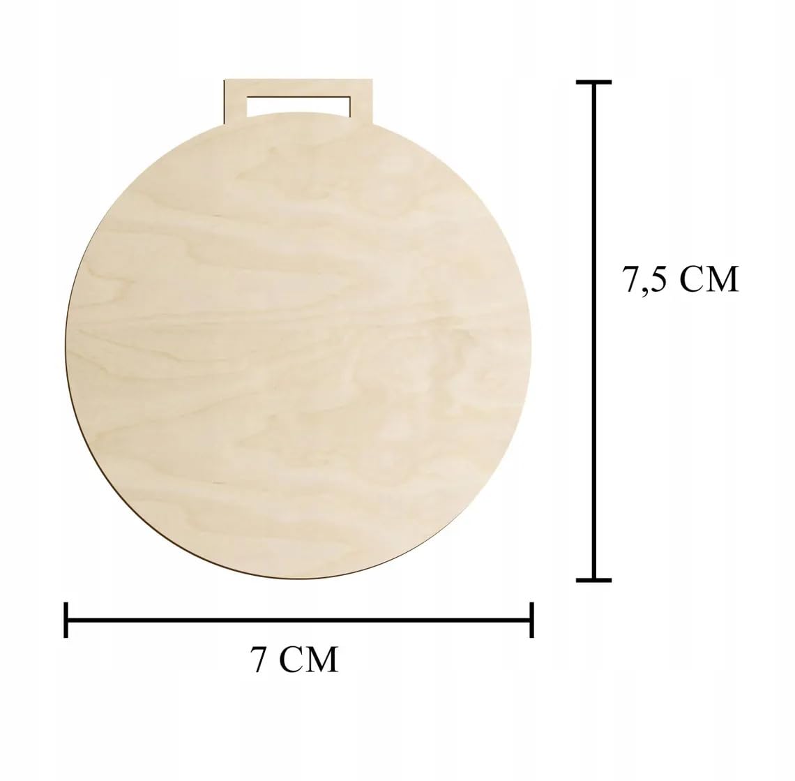 Round wooden object with dimensions labeled on a white background
