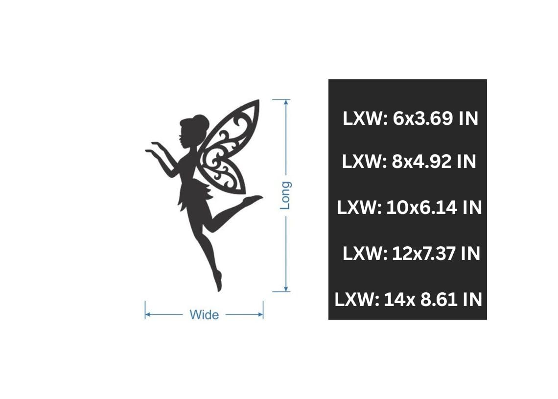 Black fairy silhouette with size dimensions on a white background