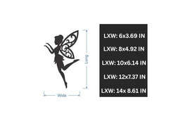 Black fairy silhouette with size dimensions on a white background
