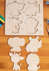 American Elm 4 Pcs Unfinished Wooden Animal Cutouts DIY Craft Kit for Kids MDF Craft Board Elephant, Rhino, Giraffe, Lion Animal Shapes for Painting