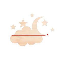 Wooden cloud with stars and a red laser pointer on a white background