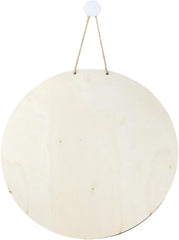 Round wooden sign with a string for hanging on a white background
