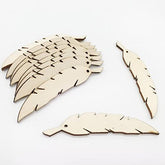 Wooden feather shapes on a white background
