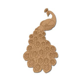 Cardboard cutout of a peacock design on a white background