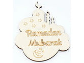 Decorative cloud-shaped sign with 'Ramadan Mubarak' text on a white background