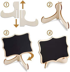 Step-by-step assembly of a wooden stand with black signs on a white background