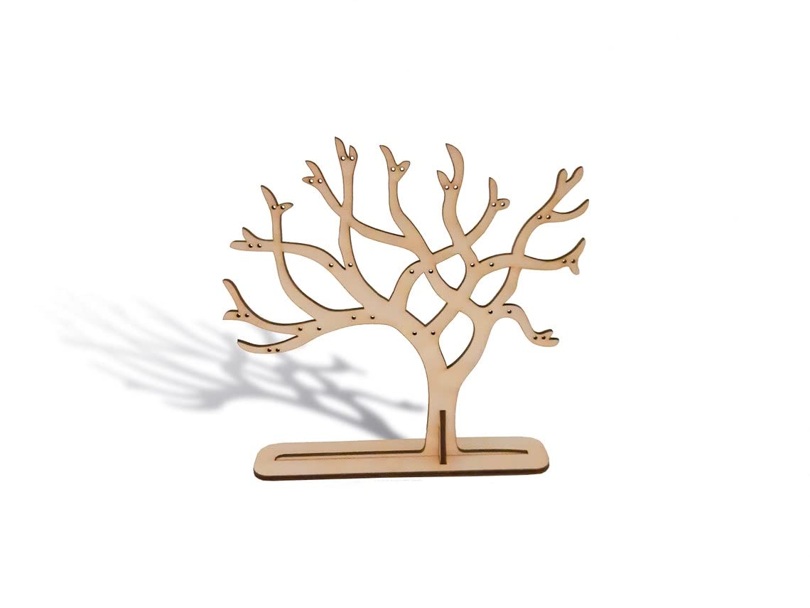 Wooden jewelry tree stand on a white background