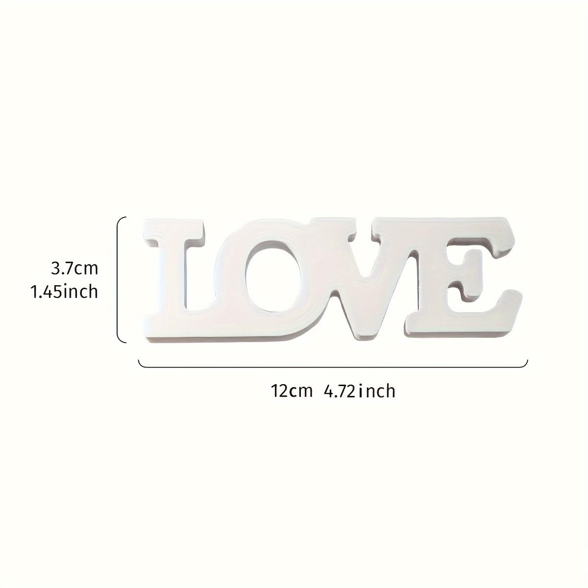 White wooden letters spelling 'LOVE' with measurements on a white background