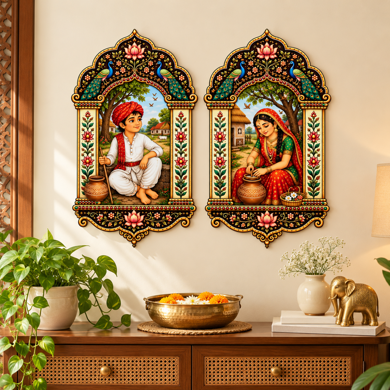 Traditional Indian couple wall decor with peacock design
