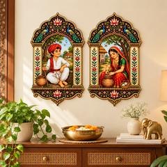 Traditional Indian couple wall decor with peacock design