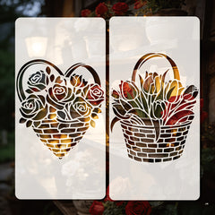 Flower Basket Painting Stencils, Reusable PET Drawing Templates for Wall Art, Furniture, Canvas, Crafts and DIY Decoration