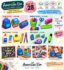 Pack of 28 School Supplies Themed Printed MDF Cutouts for Classroom Decoration and Kids Room Decor Backpack Books Pencil Design Ready to Use American Elm