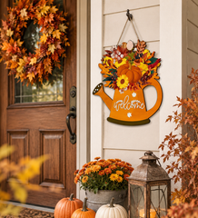 American Elm Welcome Watering Can Fall Wall Hanging with Pumpkin Sunflowers and Autumn Leaves for Front Door Porch and Entryway Decor Ready to Hang