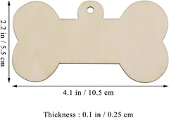 Bone-shaped wooden tag with measurements on a white background