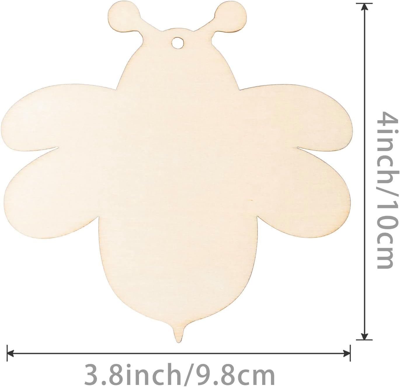 Beige bee-shaped wooden cutout with dimensions on a white background