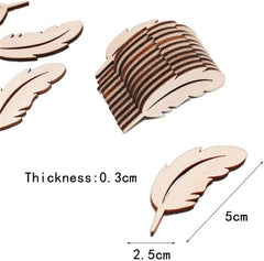 Wooden feather shapes with measurements on a white background