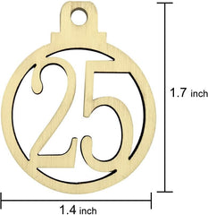 Wooden number '25' pendant with dimensions on a white background