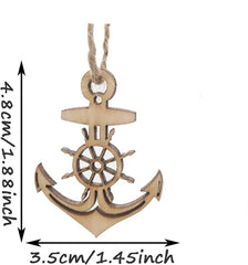 Wooden anchor with wheel design hanging from a string, with measurements indicated.