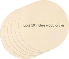 Six wooden circles with text indicating size and quantity on a white background