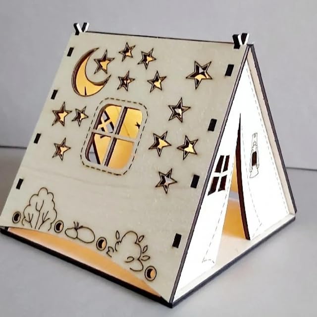 Wooden children's teepee with star and moon designs on a gray background