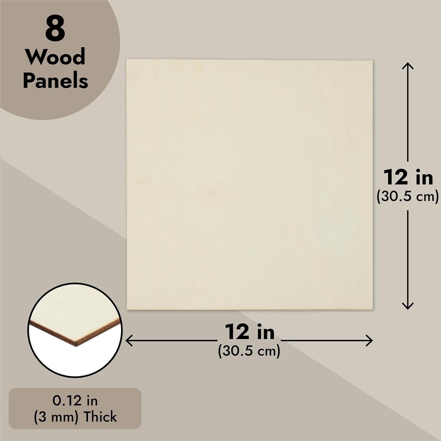 Wood panel with dimensions and thickness details on a beige background