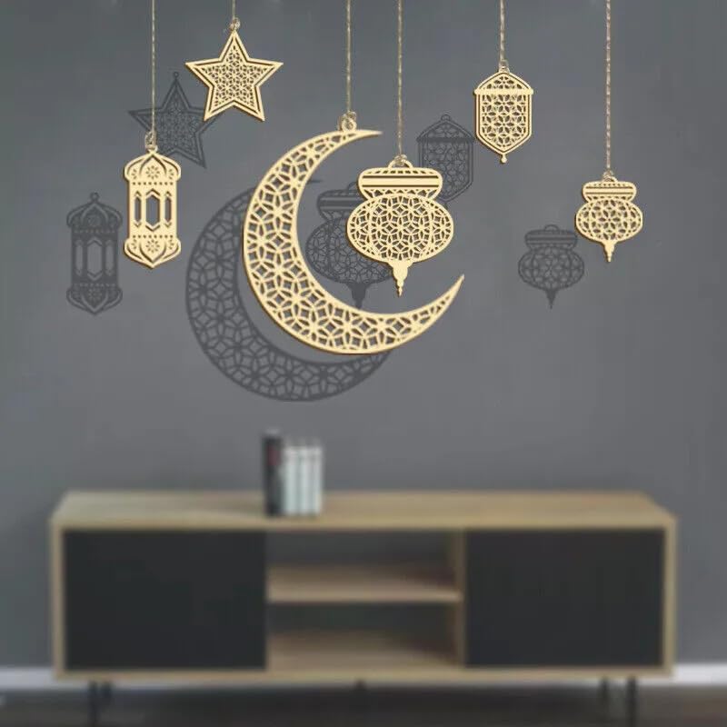 Decorative wall stickers of a crescent moon, star, and lanterns on a dark background.